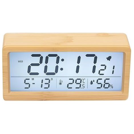Ein intelligenter digitaler Wecker mit großem LCD-Bildschirm und eine digitale Tischuhr mit Temperatur-, Feuchtigkeits- und Hintergrundbeleuchtungsanzeigen. (1/5)