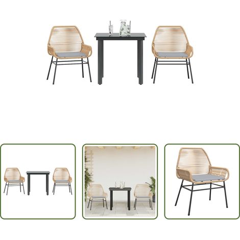 Gartentisch - 3-tlg. Garten-Essgruppe mit Kissen Braun Poly Rattan Glas (1/5)
