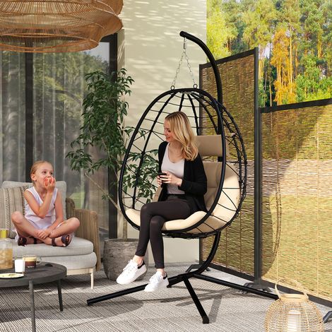 Silla Colgante Huevo con Soporte con Cesta Plegable Cojín y Reposacabezas para Interior y Exterior Carga 120 kg Caqui (1/5)