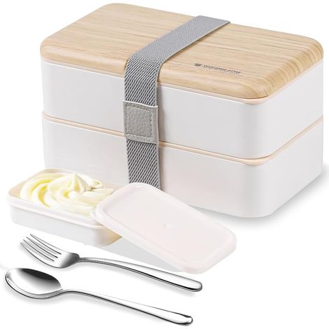Bento-Box, Mahlzeit-Lunchbox, Snack-Lunchbox, Bündel-Teiler, Lunchbox im japanischen Stil mit Löffel und Gabel aus Edelstahl (weiß) (1/5)