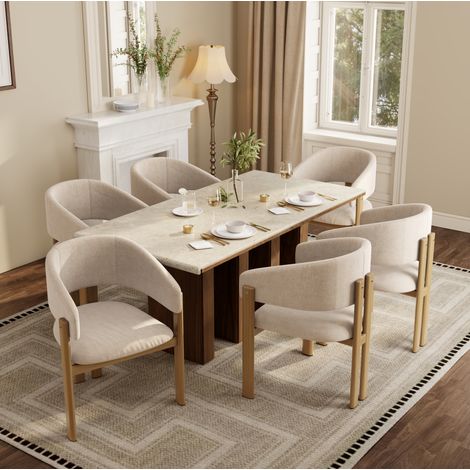 Juego de 6 sillas de comedor de metal efecto madera, tela de lino beige, 61,5 x 52,5 x 83 cm HAVRYA (1/5)