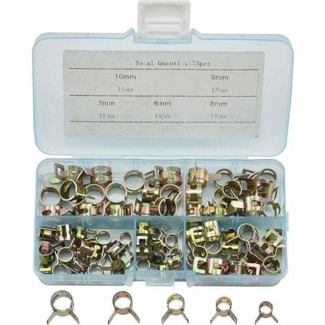 75PCS Clip à Ressort Tuyau Collier Serrage Durite Essence Serre-joints à Tuyaux Colliers de Clip à Ressort Tuyau Serrage 6mm, XU, 7mm, 8mm, 9mm, 10mm - KZQ (1/4)