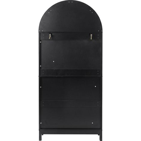 Armoire vitrine moderne avec portes en rotin, 70 x 40 x 170 cm, noir et effet bois, 3 compartiments ouverts, 2 portes et 1 tiroir (1/5)