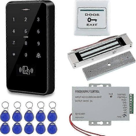 Système de contrôle d'accès à clavier RFID étanche avec serrure magnétique de 350 livres, alimentation électrique et bouton de sortie. (1/5)