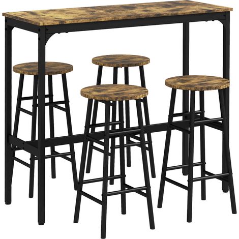 Table de salle à manger 5 pièces avec 4 tabourets repose-pieds, table rectangulaire, noir et marron