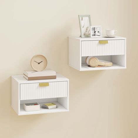 2er-Set schwebende Nachttische mit Schublade, geschwungener Front und offenem Fach, modernes Design, 40 x 30 x 25 cm, Weiß