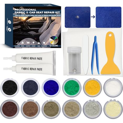 Fabric Car Seat Repair Kit 12 Colours, Cigarette Hole Repair Kit for Car Seat Fabric to Repair Burns, Tears, Holes and Threads Pulled on Carpets, Car Seats and Clothes (1/5)