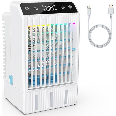 Climatiseur Mobile, 1000ML Climatiseur Portable, Refroidisseur d'air Portable, USB Rafraichisseur D'air, 2-12H Minuterie, 3 Vitesses, LED 7 Colorées, Maison, Bureau (Blanc) (1/5)