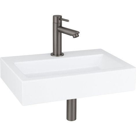 QeramiQ Fuente Pack Lave-mains - 38x7x24cm - 1 trou de robinet - céramique - robinet gunmetal - Blanc brillant (1/5)