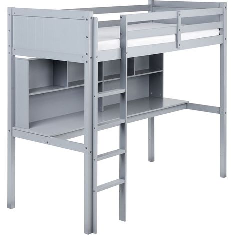 High Sleeper Bed with Desk Pine Wood FOUCAMONT 90 x 200 cm (EU Single) Grey (1/5)