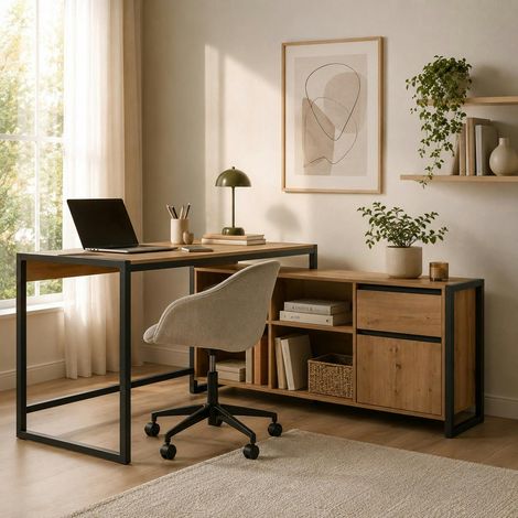 Bureau d'angle effet chêne avec bloc rangement ALVA (1/5)