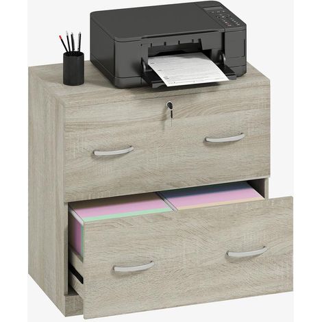 Commode naturelle 2 tiroirs avec glissières et serrure pour format A4, 77x42x72 cm, meuble bureau sobre et design (1/5)