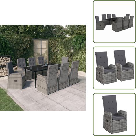 Salle à manger extérieure - vidaXL Ensemble à manger de jardin avec coussins 9 pcs Gris - Table et chaises (1/5)