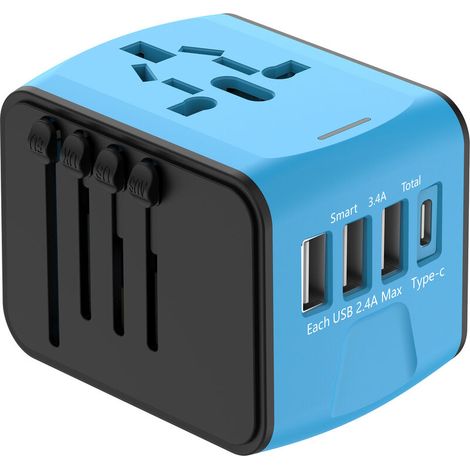 Adaptador de viaje internacional universal con 3 puertos USB y 1 tipo C, 1500 W, enchufe de Francia a EE. UU., Canadá, Reino Unido, UE, Australia, China y Japón.