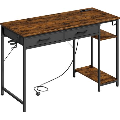 Bureau moderne avec tiroirs en tissu et station de charge intégrée, cadre métal et plateau bois 120x51x75 cm - couleur brun rustique (1/5)