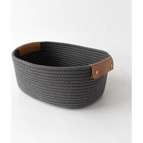 Panier de rangement, panier à linge, support de rangement pour armoire, panier gris en coton tissé, 282211 cm, avec poignée en cuir (1/5)