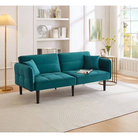 Canapé 2 places 3 positions dossier indépendant, accoudoirs pliables, velours doux, mousse, bleu vert antique