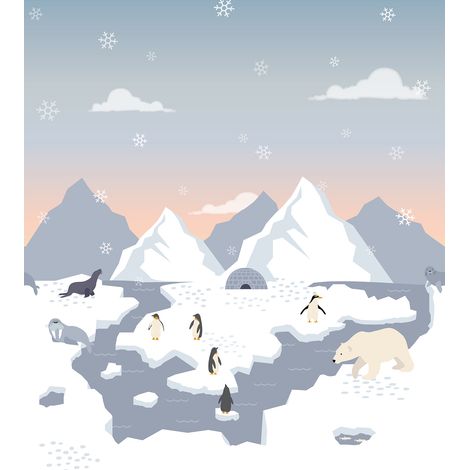 papier peint panoramique ours polaires, pingouins et phoques dans la neige bleu et blanc  - ESTAhome (1/5)