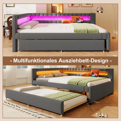 Canapé-lit jour 140x200 cm, sommier avec éclairage LED télécommandé, lit gigogne, port USB et USB-C, revêtement lin gris, matelas non fourni (1/5)