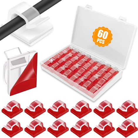 Lot de 60 attaches de câble transparentes auto-adhésives, pour éclairage extérieur, avec boîte de rangement intégrée. Idéales pour la maison, le bureau, l'atelier ou toute autre installation lumineuse (1/5)