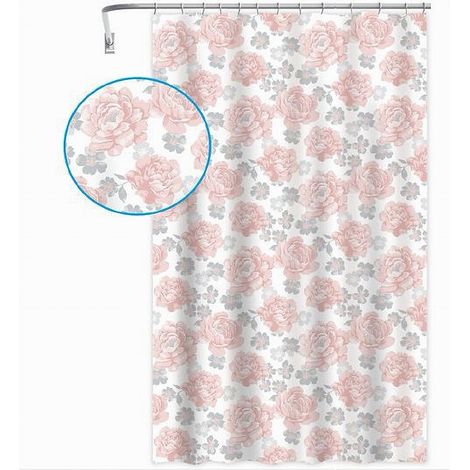 Trade Shop - DUSCHVORHANG BADEWANNE 12 HAKEN BLUMENDRUCK ROSA GRAU 180X200CM 87575 -