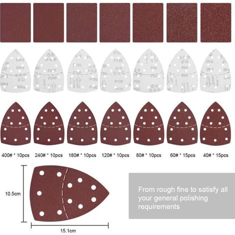 Disques abrasifs triangulaires, 80 pièces de papier de verre, 11 trous de papier de verre avec 40/60/80/120/180/240/400, granulométrie 125 mm pour poncer, dérouiller et polir avec des ponceuses (1/4)
