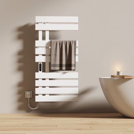 EMKE Sèche-serviette électrique avec élément chauffant thermostat température réglable minuterie LCD tactile, Porte-serviettes Tube plat Gauche, 1000 x 500 mm Blanc