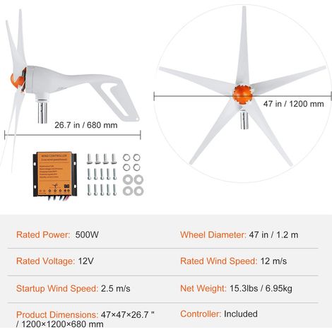 Éolienne, Haute Efficacité, Construction Durable, 12V 500W 5 Lames (1/2)