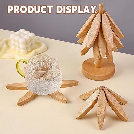 Dessous de plat en bois pour plats chauds, ensemble de dessous de plat en forme d'arbre (5 en bois de noyer + 1 support), support pliable pour plats, casseroles, bols, théières (bois de noyer) (1/5)