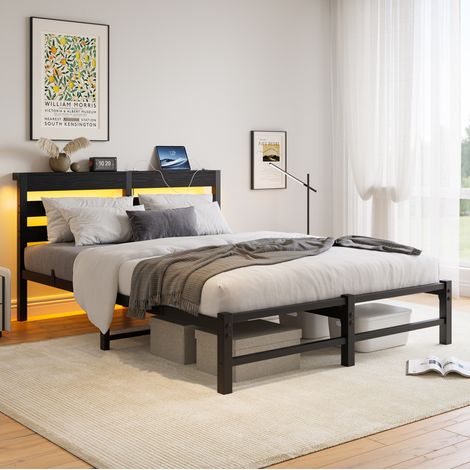 Lit adulte 140x200 cm noir avec LED et USB, structure en métal, sans matelas MEUBLIV (1/5)