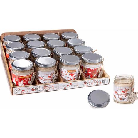 Candele profumate natalizie in vasetto di vetro con pendente a fiocco di neve in espositore da 16 pezzi, set da 16 pezzi, Candela: Ø 6,5 cm x 8 H