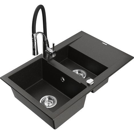 Mexen Gaspar lavello in granito 1,5 vasca con sgocciolatoio e rubinetto da cucina Aster, nero/oro metallizzato (1/5)