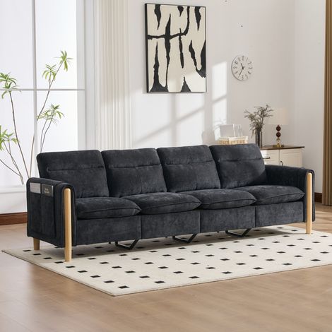 Divano modulare a U 261x77x86 cm, 4 posti, con 2 pouf contenitore, gambe in legno massello, chenille nero (1/5)