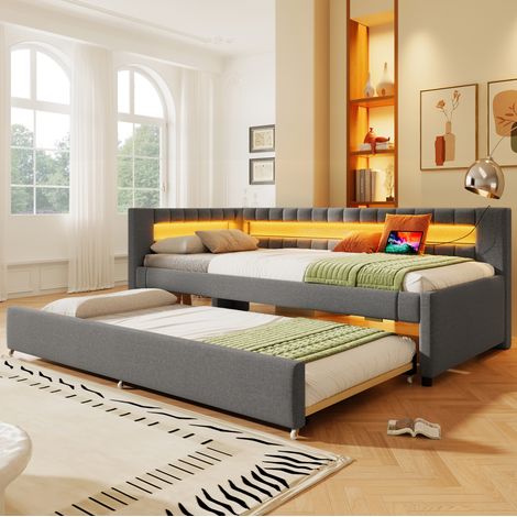 Tagesbett Leinen Grau 90x200 cm mit Ausziehbett, LED-Lichtleiste, USB und Type-C (1/5)