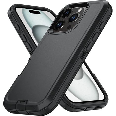 (Noir, iPhone 14) Coque rigide mate, matériau PC+TPU, antichoc, avec clip ceinture. (1/5)