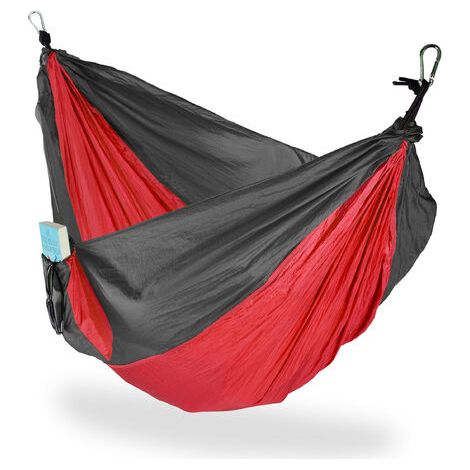 Relaxdays Hängematte Outdoor, Reisehängematte für 2 Personen, ultraleicht, Camping, bis 200 kg, BT: 152x255 cm, rot-grau (1/5)