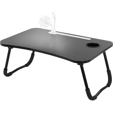 ML-Design Mesa de Ordenador Portátil para Cama/Sofá Negro 60x40 cm Soporte para Tableta y Bebidas Mueble Plegable Pupitre para Regazo con 4 Puertos USB de Carga, Cajón, Lámpara y Ventilador