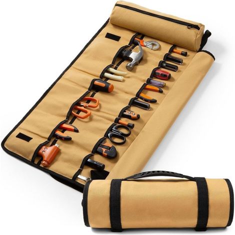 Sacoche à outils en toile à roulettes, marron, organisateur portable compatible avec Huawei, Samsung, Apple et Garmin. (1/4)