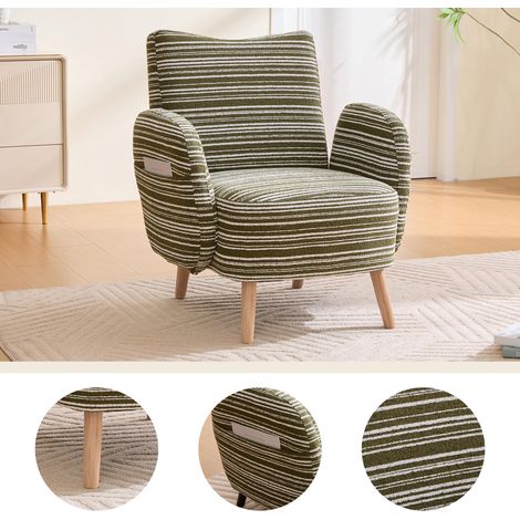 Fauteuil moderne, tissu à motifs circulaires, avec poche latérale, pieds en bois massif, fauteuil de lecture confortable, salon, chambre, bureau (bouclé vert olive) (1/5)