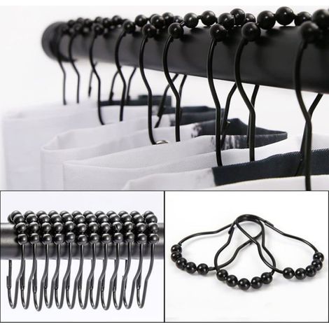 12 Pcs Morceau de Crochets de Rideau de Douche, avec Système Coulissant Anneaux de Rideau de Douche en Acier Inoxydable (Noir) (1/5)