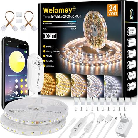30 m Warm White to Cool White LED Strip 2700 K to 6500 K Dimmable 24 V LED Strip Power Supply Remote Control Interior Lighting Strip Bedroom Kitchen Living Room (1/3)