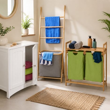 Juego de baño y lavandería de bambú (3 piezas): cesto extraíble, toallero y mueble para debajo del lavabo (1/5)