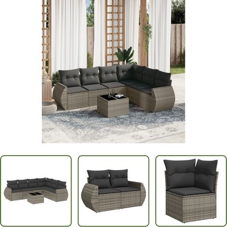 vidaXL Canapé en résine - Salon de jardin avec coussins 7 pcs gris résine tressée (1/5)