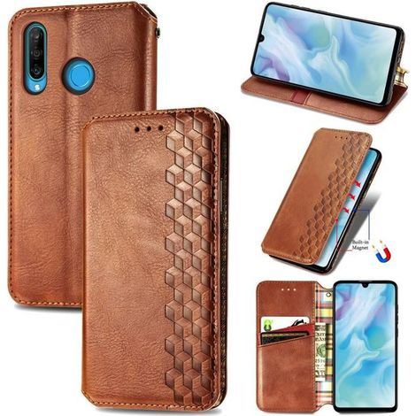 Housse Huawei P30 lite Fermeture magnétique invisible PU Cuir Portefeuille Étui à rabat avec Support - Marron (1/4)