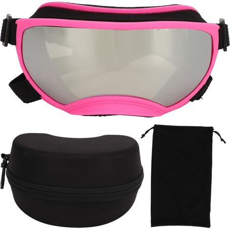 Lunettes de protection pour chien, monture rose, verres argentés, anti-UV, coupe-vent, respirantes, sangle ajustable, pour extérieur. (1/5)