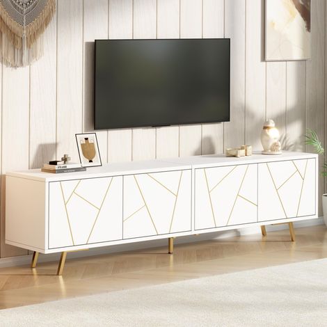Meuble TV de salon 190 x 40 x 51,5 cm avec 4 portes, plateau bas à 5 pieds en métal, longueur 190 cm, convient aux téléviseurs d'une diagonale d'écran d'environ 85 pouces, blanc doré