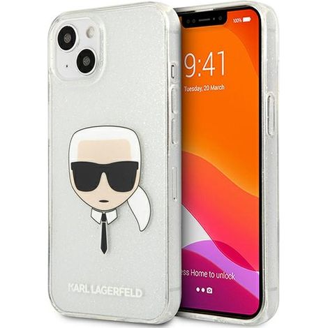 Custodia per iPhone 13 mini con stampa glitterata della testa di Karl Lagerfeld, colore argento. (1/5)