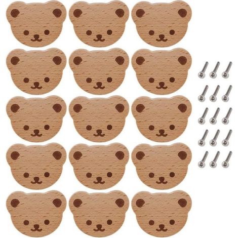 15Boutons de Meubles, Boutons de Tiroir en Bois, Boutons de Placard en Bois, Boutons de Tiroir Ours pour Enfants, Commode, Tiroirs, (1/4)