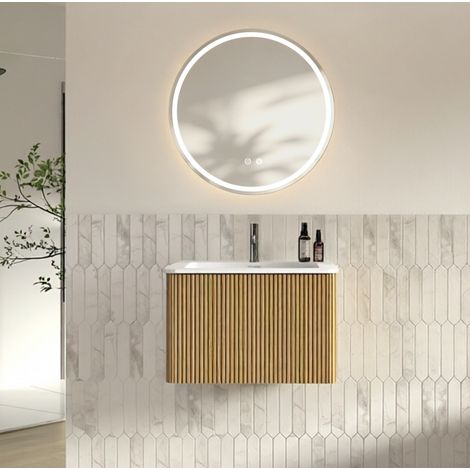 Badmöbel-Set 60 cm mit LED-Spiegel und Unterschrank, wandhängend, Eichenoptik, 1 Schublade (1/2)