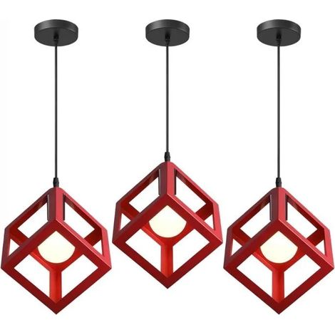 U-Do 3Pcs Lustre Suspension Carré en Fer Rouge E27 Ajustable Lustre Plafonnier Exquise Lampe Intérieur design Vintage pour Cuisine (1/4)
